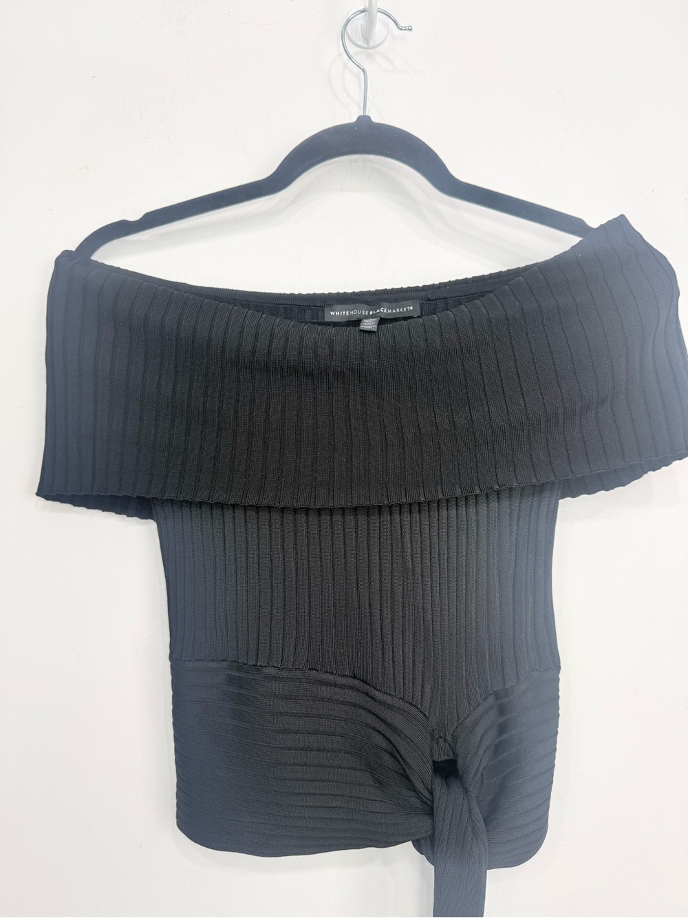 White House Black Market Black Ribbed Knit Off Shoulder Side Tie Crop Sweater - Picture 5 of 13